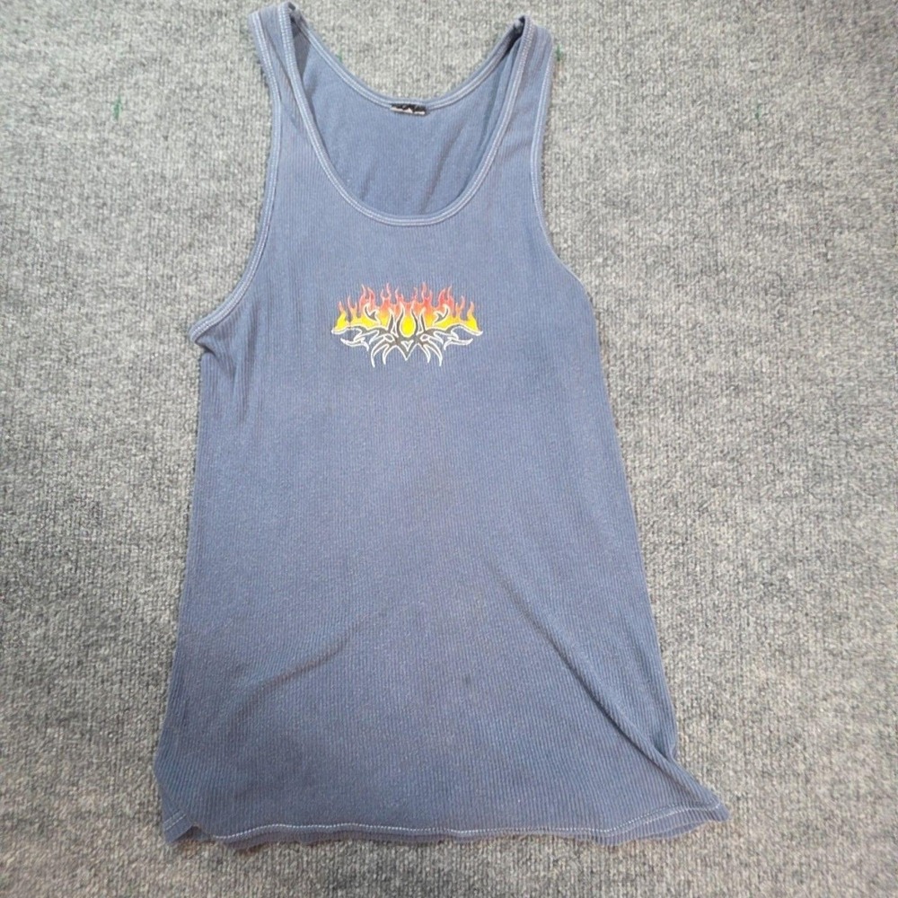 Tank Top Womens Small Blue Flame Graphic Ribbed Scoop Neck Knit Stretch Casual